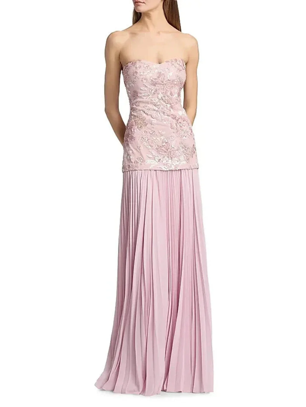 Badgley Mischka  Pink Lace Appliqué Strapless Gown Elegant Pleated sz 4 Formal